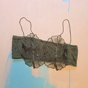 Romwe Kids L Bralette Green Mesh Floral Embroidered Sheer Mori Kei Y2K Festival